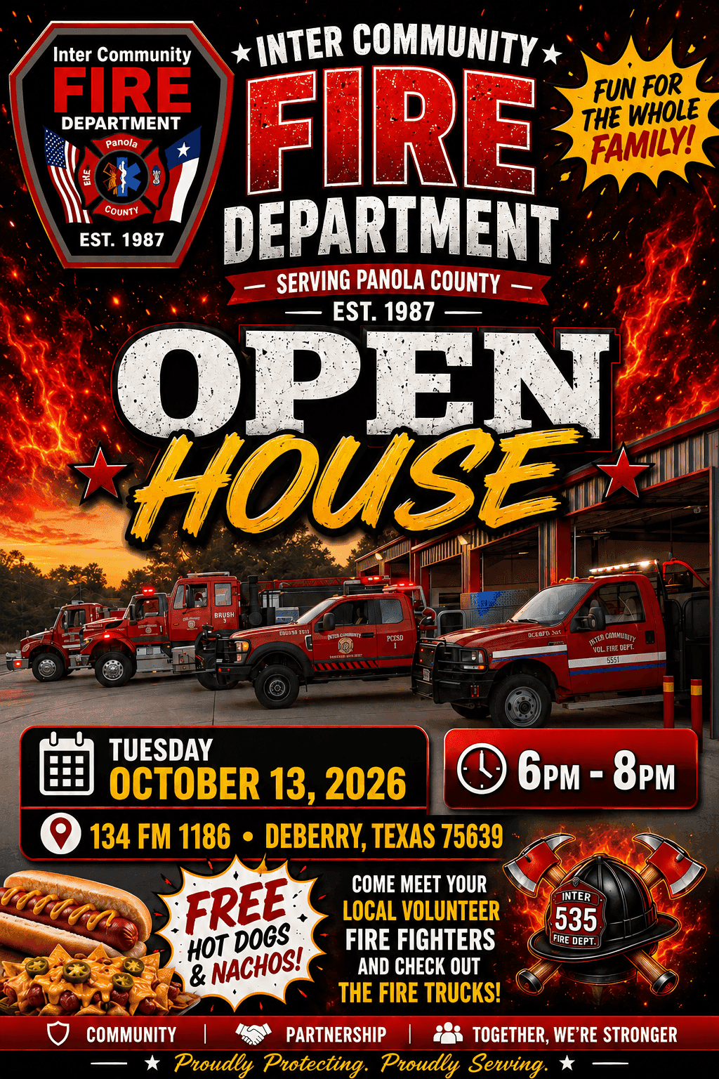 Flyer for Inter Community Fire Department Open House, October 13, 2026, from 6 to 8 p.m. in DeBerry, Texas, featuring fire trucks, free hot dogs and nachos, and family activities.